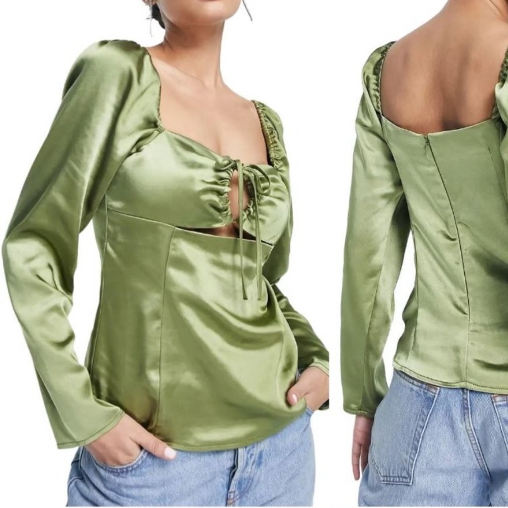 Topshop Olive Green Satin Keyhole Longsleeve Size US 6